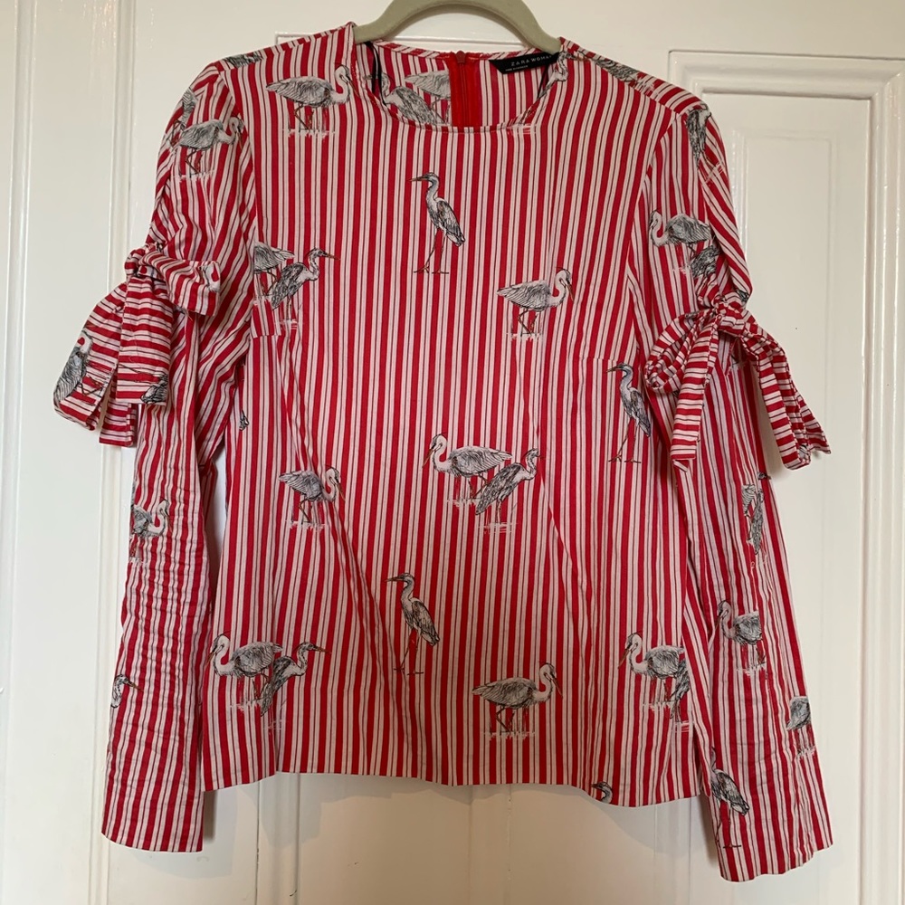 Pin stripe with bird print long sleeve top